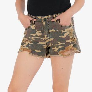 KUT from the Kloth Jane high rise Distressed Denim Camo Shorts Size 6 NWT